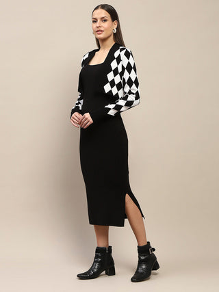 Madame Geometric Print Shrug and Solid Dress Black Ensemble