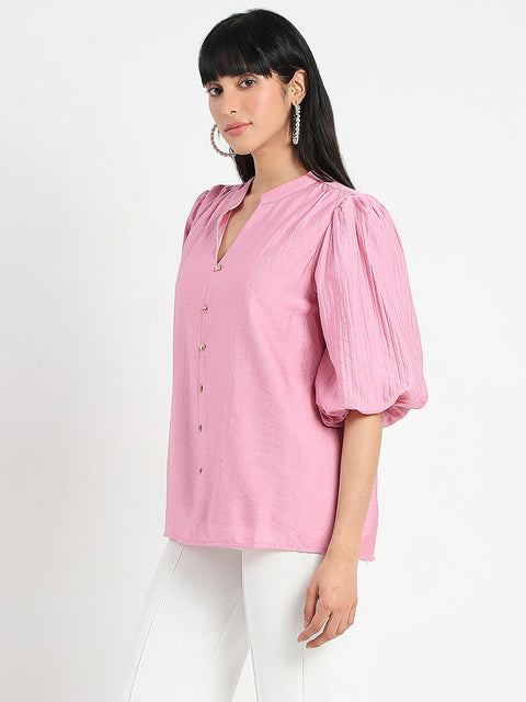 Madame Textured Ruffle Neck Rayon Blend Pink Top