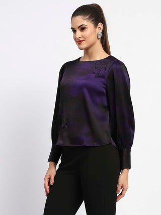 Madame Boat Neck Cuff Sleeve Abstract Print Black Top