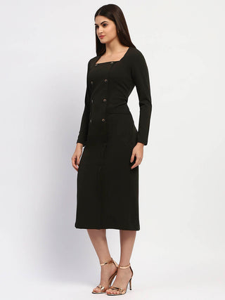 Madame Olive Green Double-Breasted Detailing Long Dress