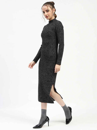 Madame Black Textured Bodycon Dress with Long Sleeves Sweater