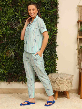 mSECRET Rayon Striped Top and Bottom Aqua Blue Night Suit