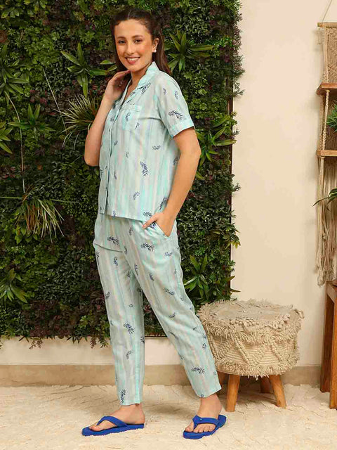 mSECRET Rayon Striped Top and Bottom Aqua Blue Night Suit