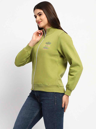 Madame Typography Print Zipped Olive Green Sweatshirt
