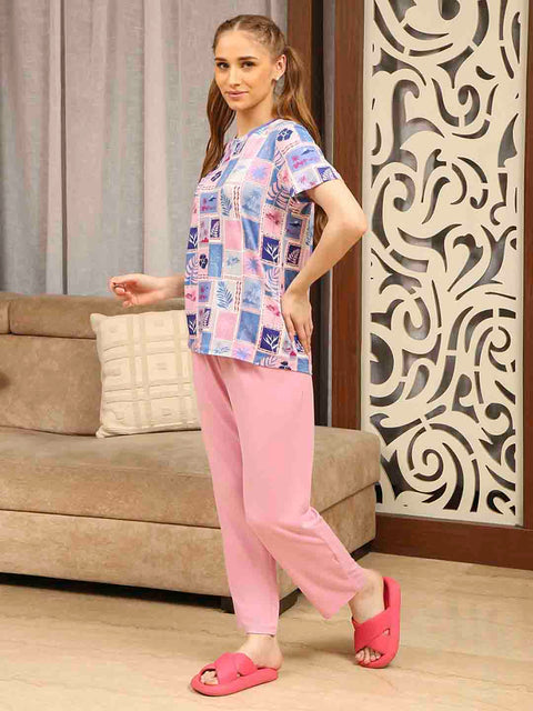 mSECRET Botanical Print Top and Solid Bottoms Pink Night Suit