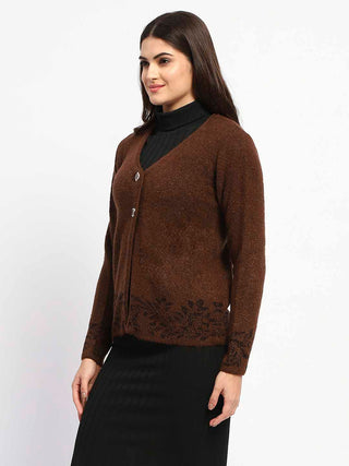 Madame Cable Knit Botanical Print Buttoned Brown Cardigan