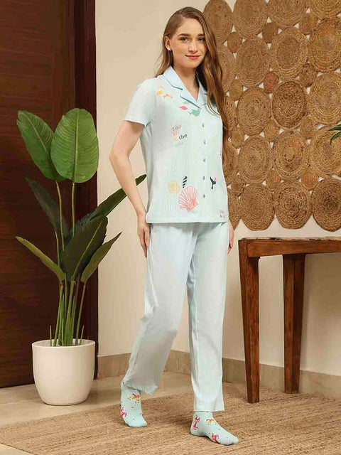 mSECRET Notch Collar Top and Bottoms Turquoise Cotton Night Suit