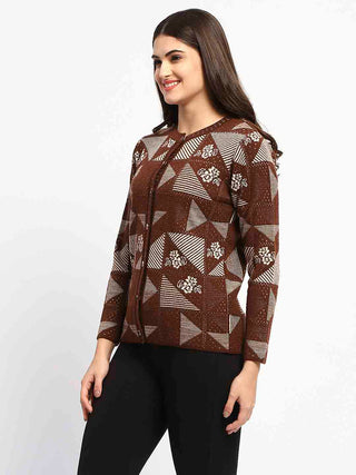 Madame Crew Neck Geometric Print Brown Cardigan