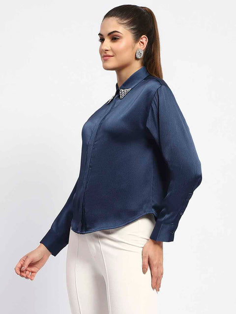Madame Embellished Collar Cuff Sleeve Solid Teal Shirt