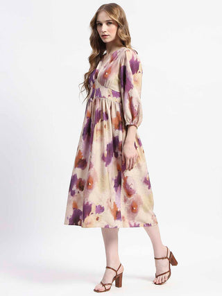 Madame Empire Waist Floral Print Beige Cotton Midi Dress