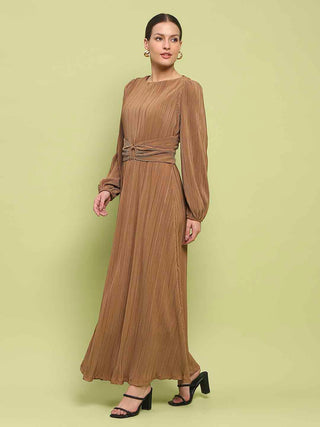 Madame Pleated Front Buckle Detailed Solid Golden Maxi Dress