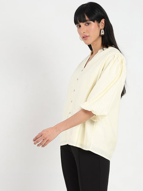 Madame Textured Ruffle Neck Rayon Blend Off White Top