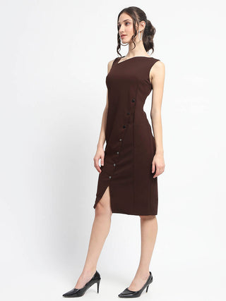 Madame Button Detailed Chocolate Brown Bodycon Knit Dress