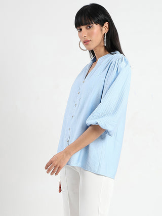 Madame Textured Ruffle Neck Rayon Blend Blue Top