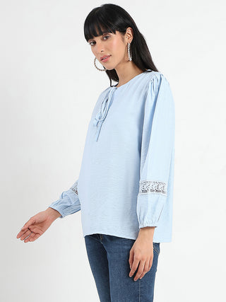 Madame Tie Neck Powder Blue Rayon Blend Top