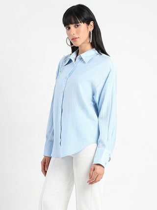 Madame Botanical Embroidery Blue Rayon Blend Shirt