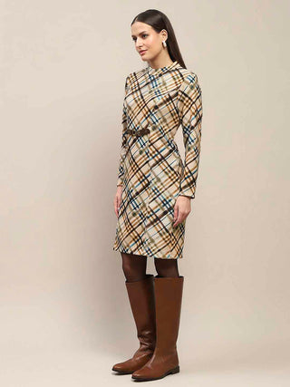 Madame Front Buckle Detailed Check Printed Beige Midi Dress