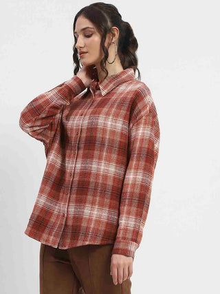 Madame Chequered Long Sleeved Cotton Brown Shirt