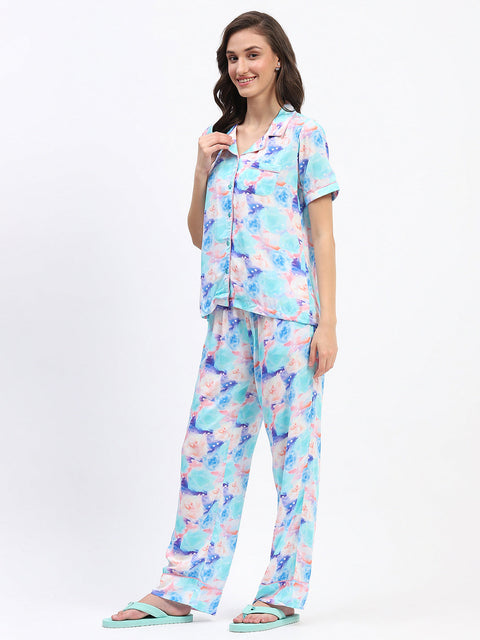 mSECRET Tie Dye Print Notch Lapel Neck Coral Two Piece Night Suit