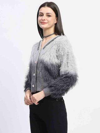 Madame Embellished Ombre V Neck Grey Sweater