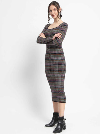 Madame Plaid Print Bodycon Multicolor Midi Dress