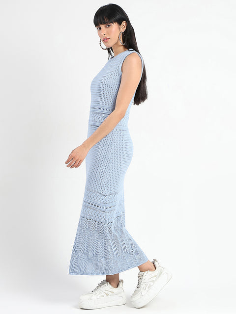 Madame Textured Panels Geometric Hem Sky Blue Maxi Dress