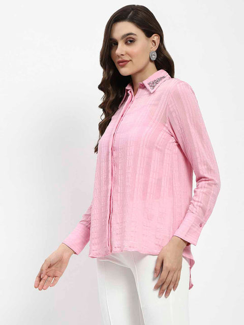 Madame Embroided Collar Pink Shirt