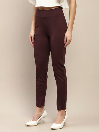 Madame Pleated Solid Wine Red Rayon Blend Jeggings