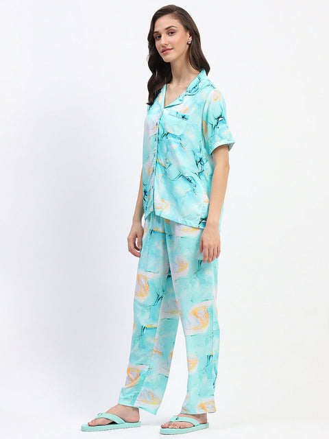 mSECRET Marble Print Button Down Aqua Night Suit
