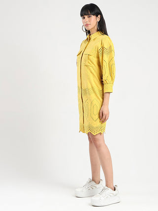 Madame Schiffli Mustard Yellow Midi Shirt Dress