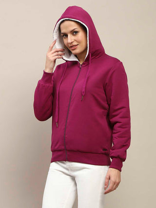 Madame Fur Hood Metal Detailed Plum Zipped Sweatshirt