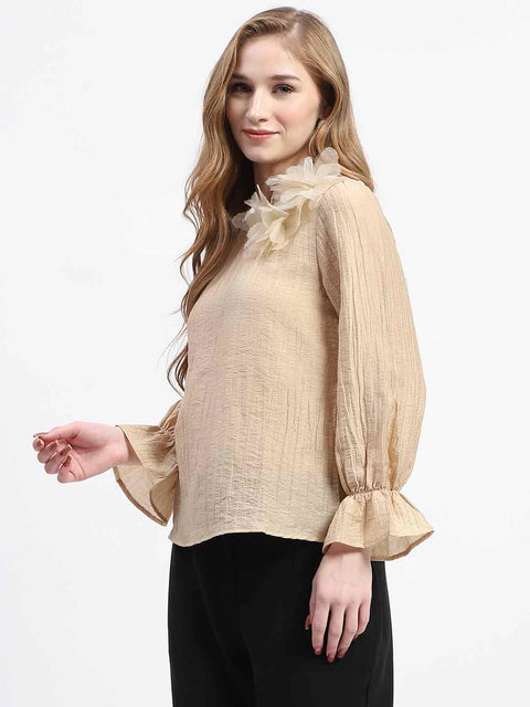 Madame 3D Flower Detailed Round Neck Solid Beige Top