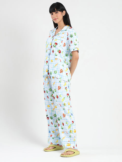 mSECRET Graphic Print Chequered Top and Bottoms Blue Nightsuit