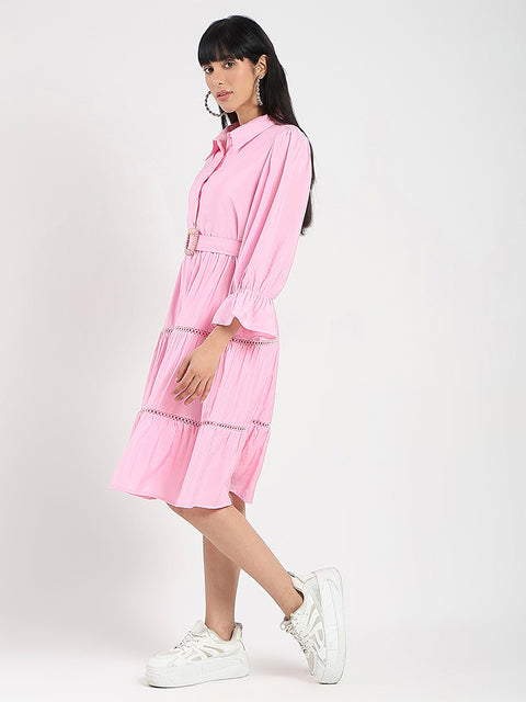 Madame Tiered Pink Rayon Blend Fit and Flare Mini Dress