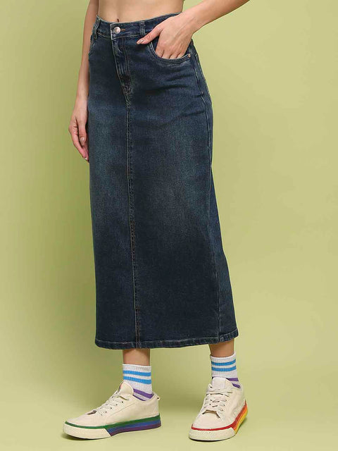 Madame Dark Blue Whiskered Cotton Midi Denim Skirt