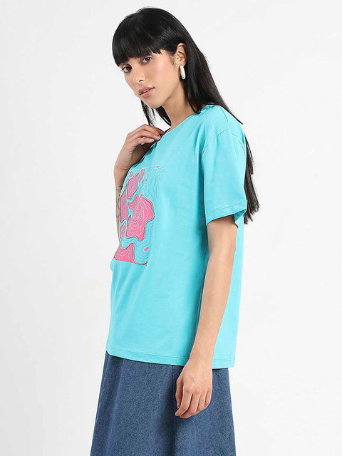 Madame Graphic Print Embellished Aqua Blue Sinker T-Shirt