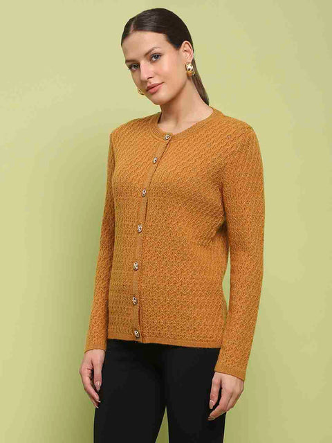 Madame Glossy Buttoned Cable Knit Mustard Yellow Cardigan