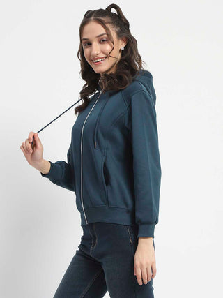 Madame Zip and Hooded Solid Peacock Cotton Sweatshirt