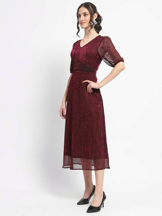 Madame Shimmery Corset Detailed Puff Sleeved Plum Midi Dress