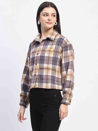 Madame Chequered Loose Fit Grey Crop Shacket