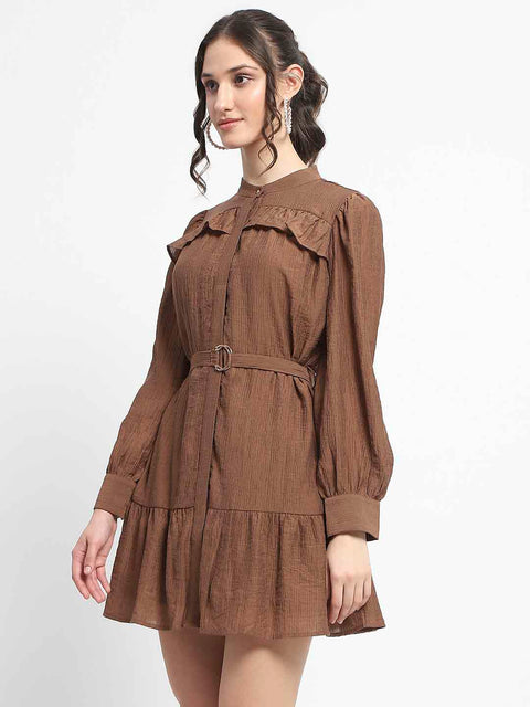 Madame Buckle Detailed Solid Chocolate Brown Shirt Dress