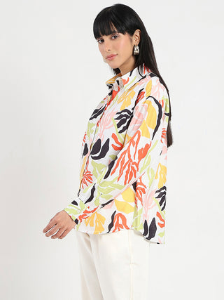 Madame Abstract Print Buttoned Off White Linen Shirt