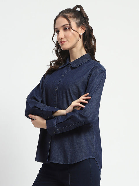 Madame Blue Wash Solid Blue Button Down Denim Shirt