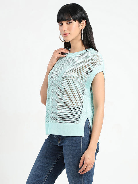 Madame Open Knit Side Slits Mint Green Top