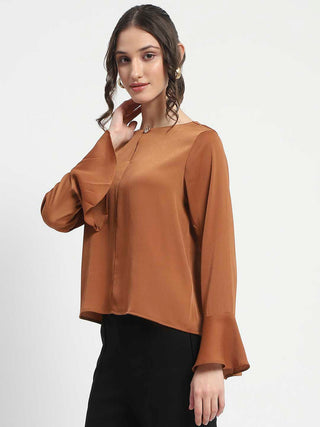 Madame Solid Golden Ruffle Sleeve Satin Top