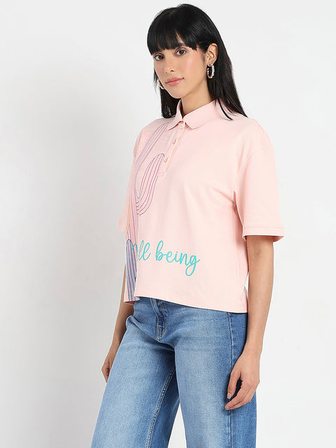 Madame Graphic Print Cotton Blend Peach Polo T-shirt