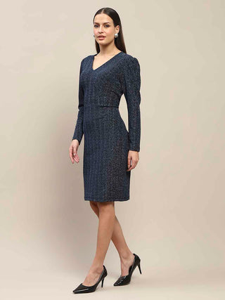 Madame Overlapping Detailed Navy Blue Knitted Midi Dress