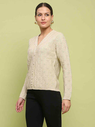 Madame Cable Knit V Neck Beige Cardigan