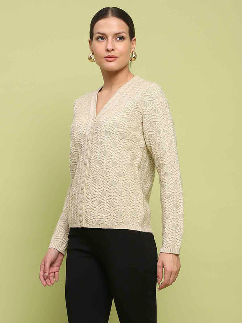 Madame Cable Knit V Neck Beige Cardigan