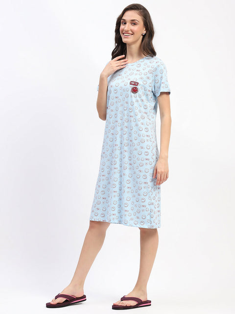 mSECRET Sky Blue Smiley Print Short-Sleeve Cotton Nightdress
